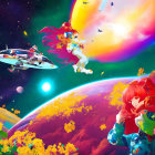 Colorful Space Scene with Planets, Nebulas, Islands, and Spacecraft