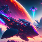 Sleek spaceship flying towards orange planet amid celestial bodies and UFOs in vibrant sci-fi scene