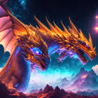 Majestic two-headed dragon flying over mountainous landscape at night