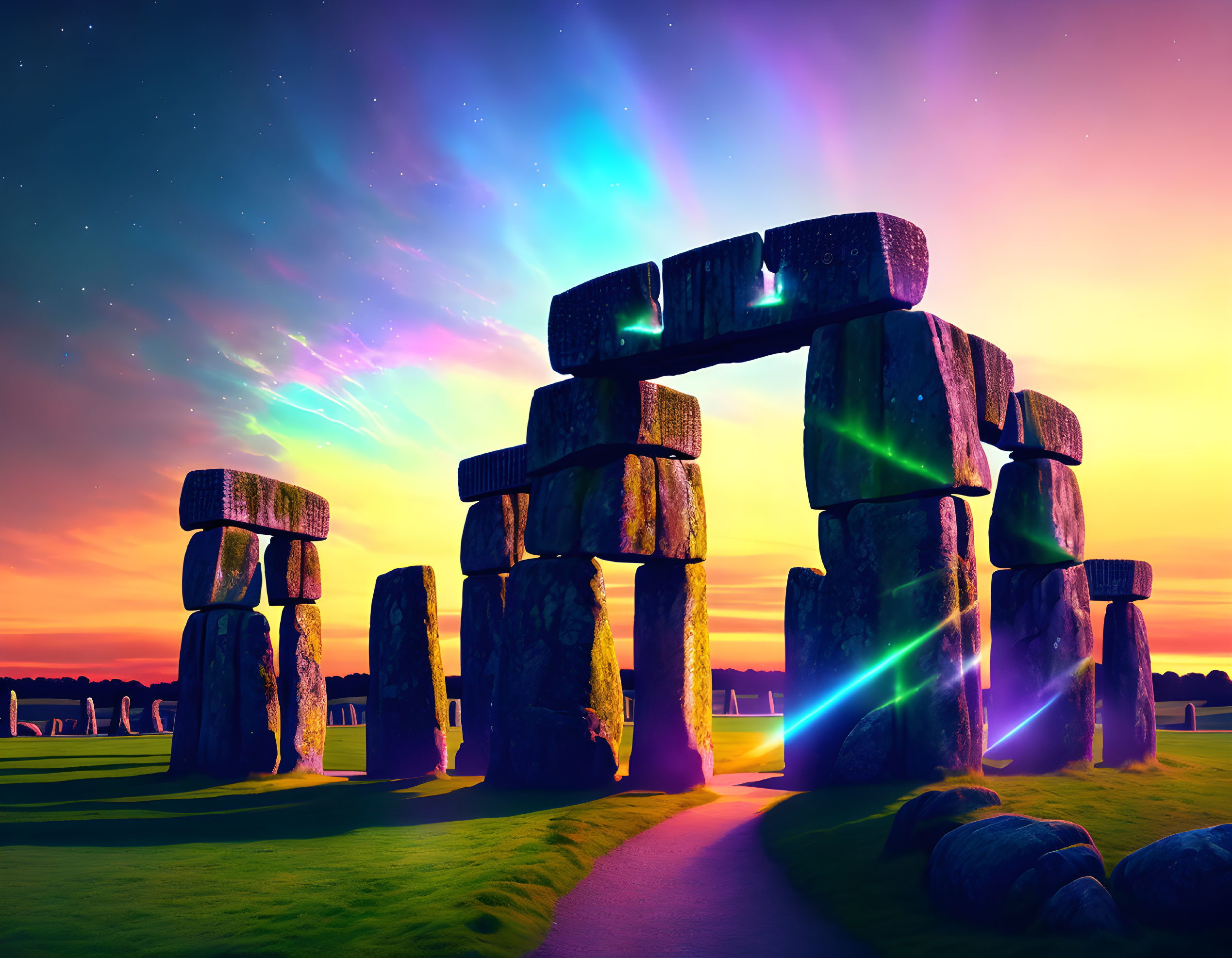 Ancient Stonehenge lit up by colorful lights at twilight