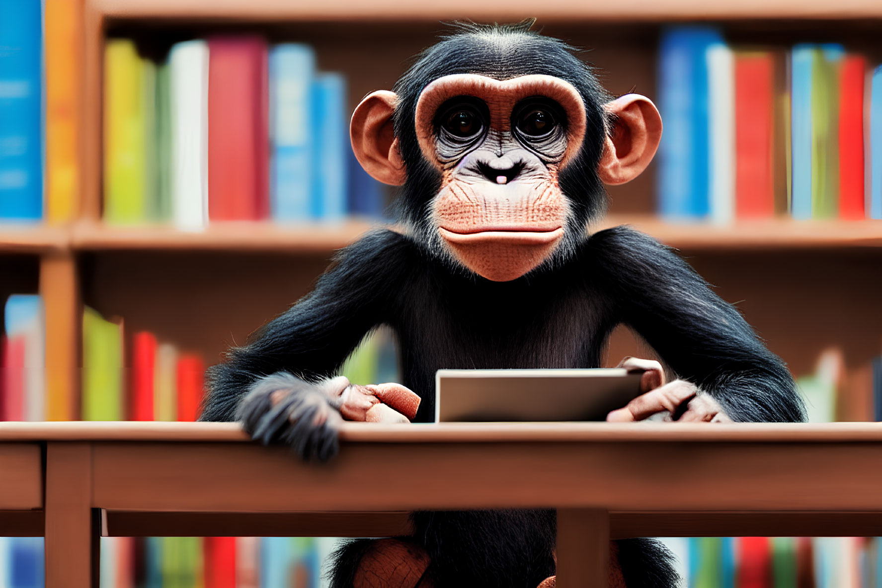 Young chimpanzee using digital tablet at desk with colorful bookshelves