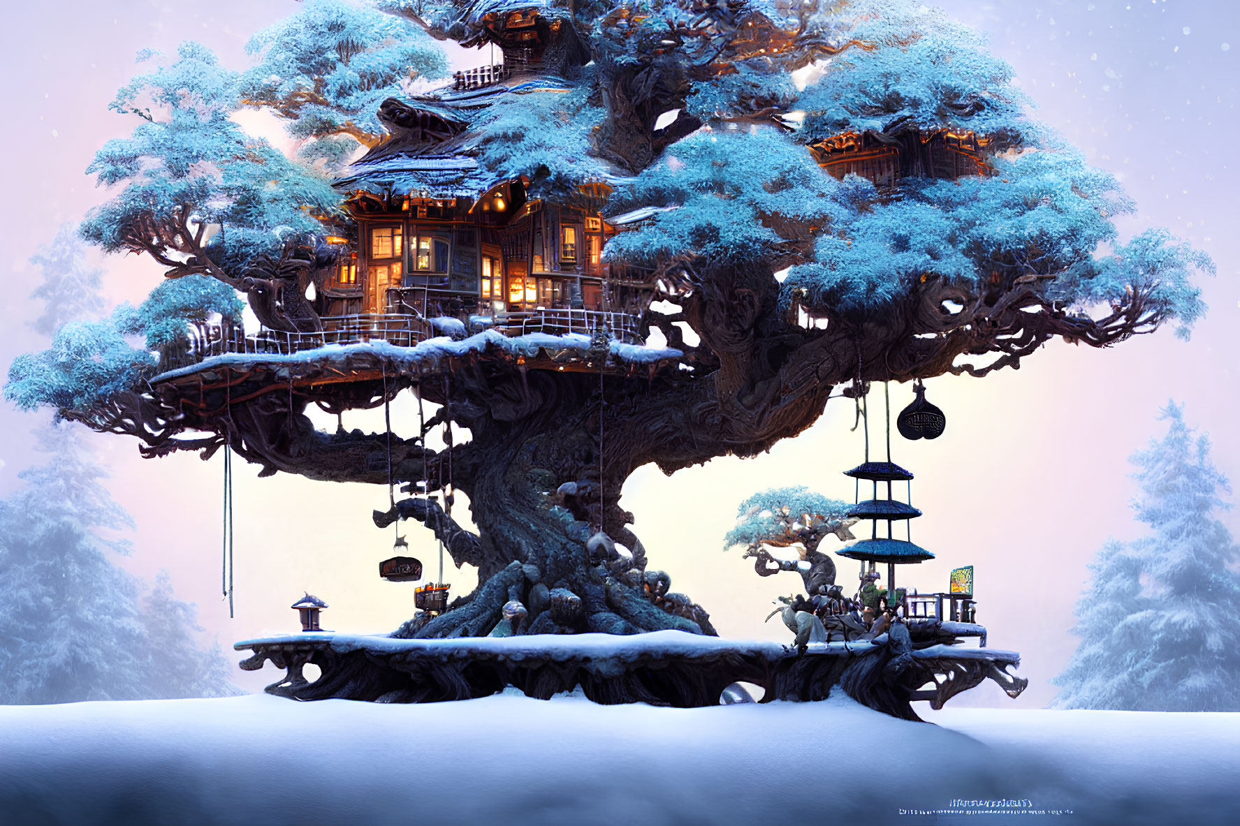 Snow-covered treehouse with glowing lanterns in twilight winter scene
