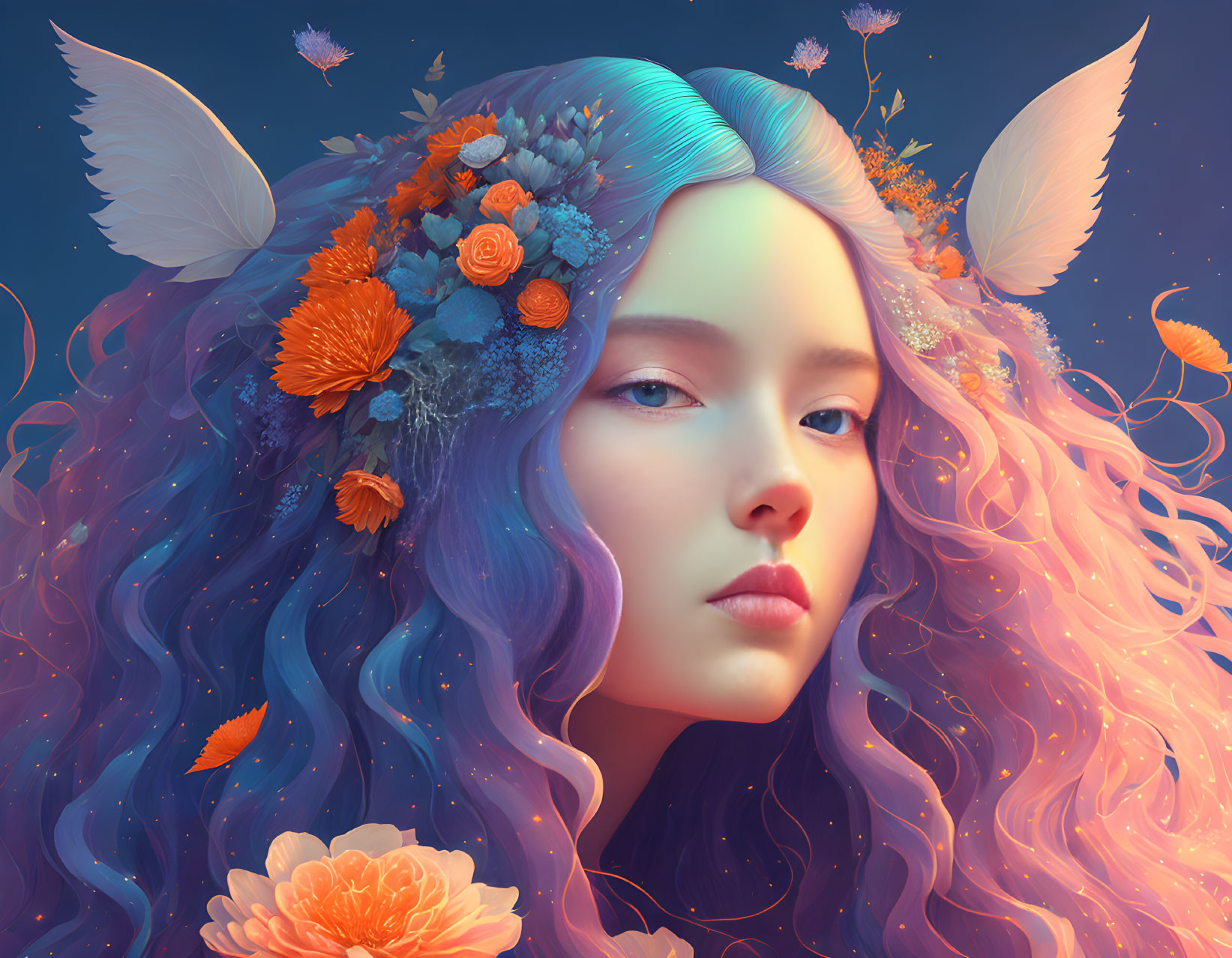 Vibrant blue and purple hair woman with orange flowers and butterfly wings portrait.