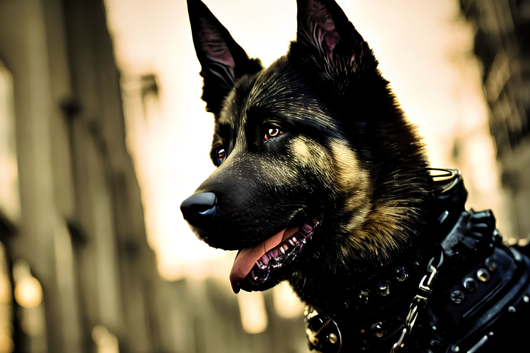 Black German Shepherd with studded collar in sharp profile against warm light background