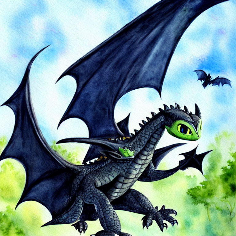 Colorful Cartoon Dragon Illustration with Green Eyes on Blue Watercolor Background
