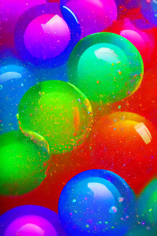 Colorful speckled bubbles on red backdrop: Festive abstract background