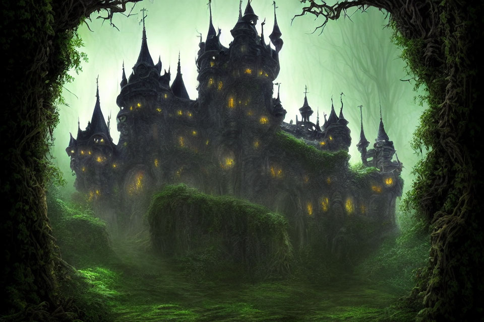 Eerie Fantasy Castle in Foggy Moss-Covered Forest