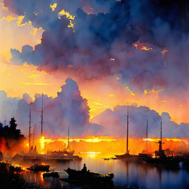 Colorful Watercolor Painting of Sunset at Harbor with Boat Silhouettes
