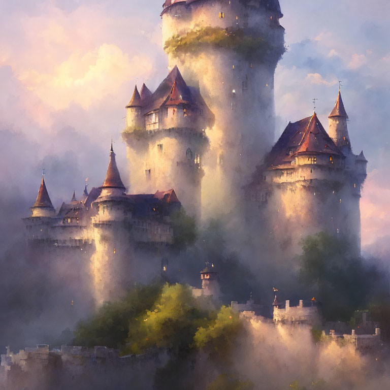 Ethereal castle with multiple spires in swirling mist at twilight