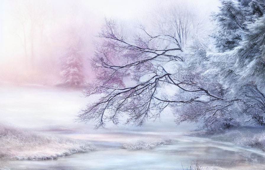 Tranquil winter landscape with frosted trees and gentle river