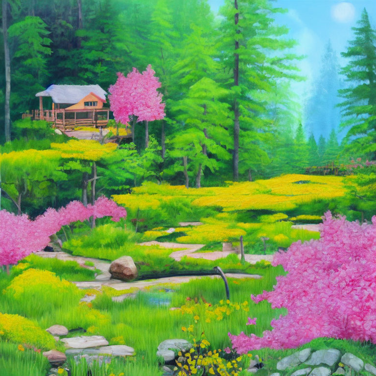 Colorful pastoral painting with wooden cabin, pink trees, stream, and yellow flowers.