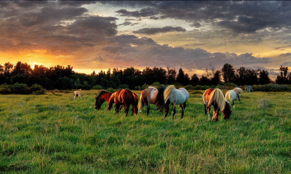 Horses grazing in lush field at sunset with warm light and dramatic sky