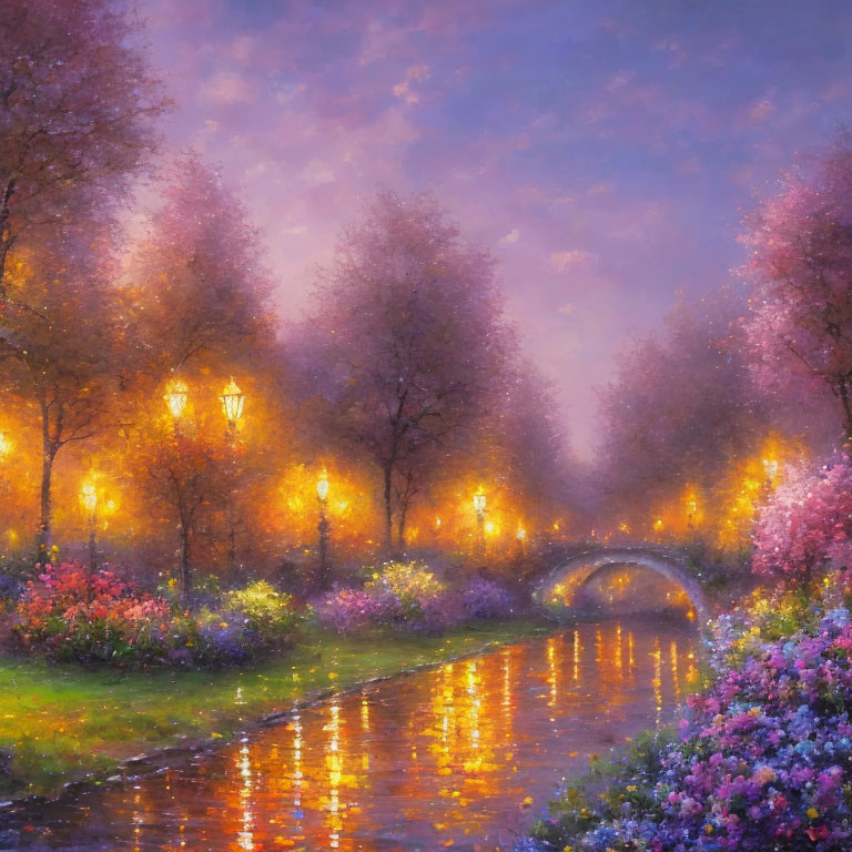 Twilight Scene: Lit Pathway, Canal, Pink Blossoming Trees
