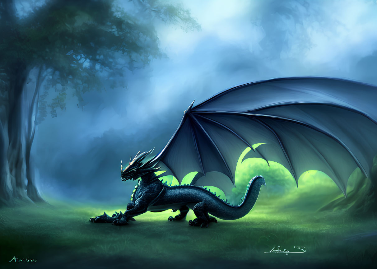 Blue dragon with large wings and sharp horns in misty forest clearing