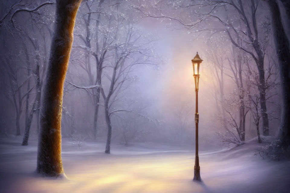 Snow-covered Winter Scene with Bare Trees and Glowing Street Lamp