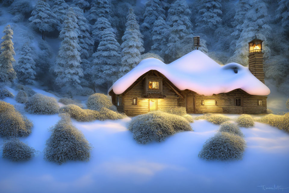Snowy Twilight Scene: Cozy Wooden Cabin in Illuminated Snowy Landscape