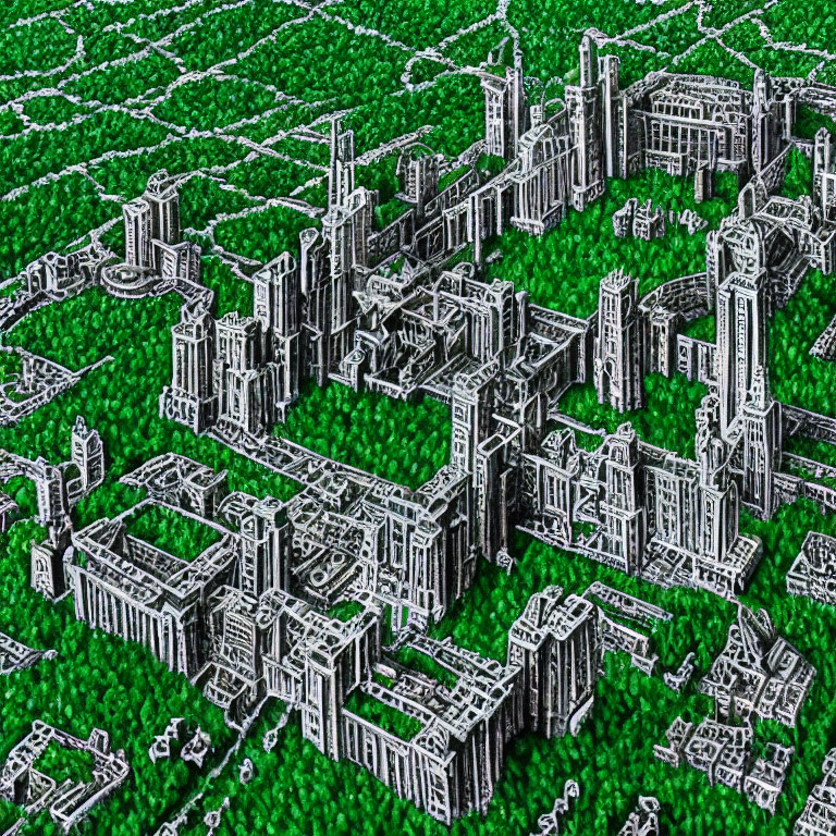 Detailed 3D futuristic cityscape with high-rise buildings and greenery