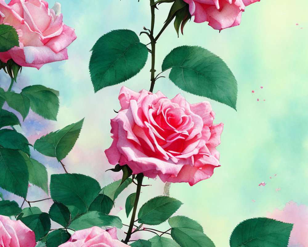 Pink Roses Watercolor Illustration on Speckled Background