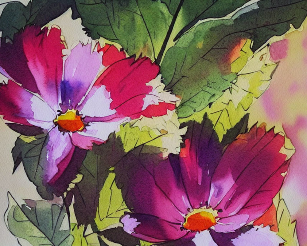 Vibrant Purple Flowers with Yellow Centers in Watercolor