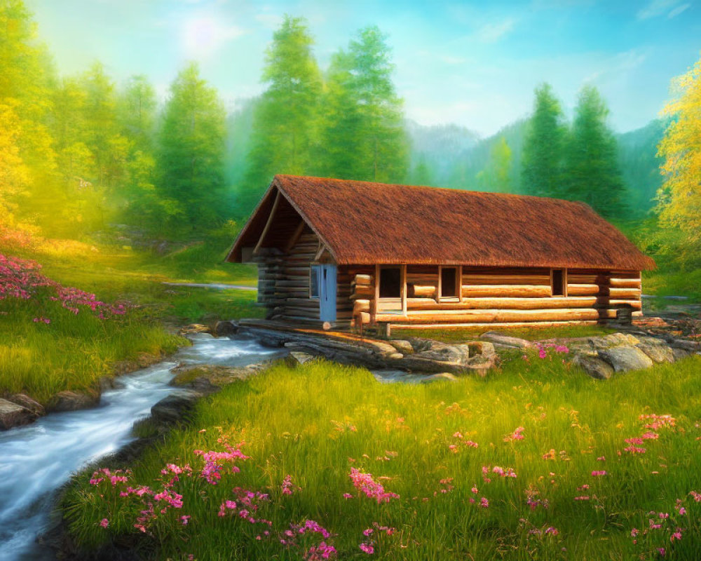 Tranquil landscape: wooden cabin, stream, pink flowers, greenery