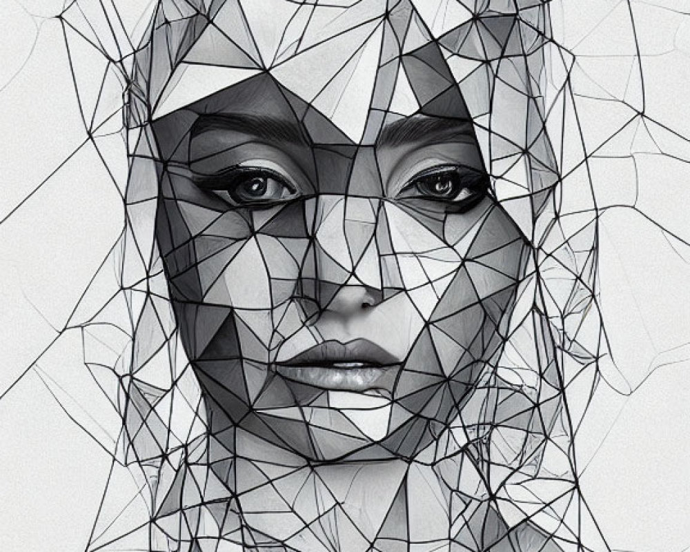 Geometric monochrome illustration of woman's face with intricate polygonal patterns.