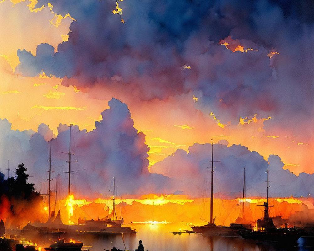 Colorful Watercolor Painting of Sunset at Harbor with Boat Silhouettes