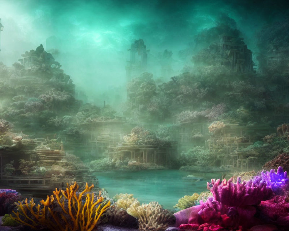 Underwater scene: Ancient city ruins, vibrant coral, mysterious glow
