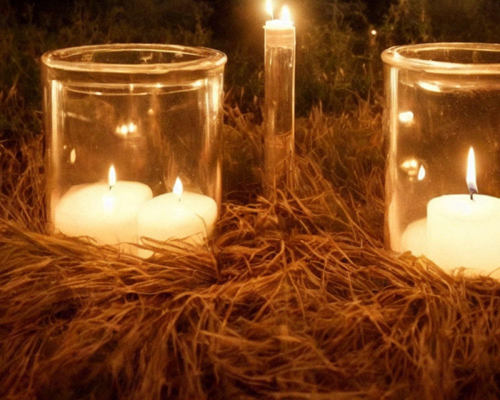 Three lit candles in glass jars on dried grass emit warm glow in dimly lit scene