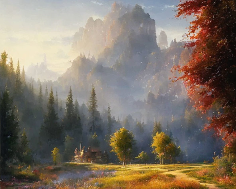 Scenic autumn landscape with golden path, cabin, and mountain forest