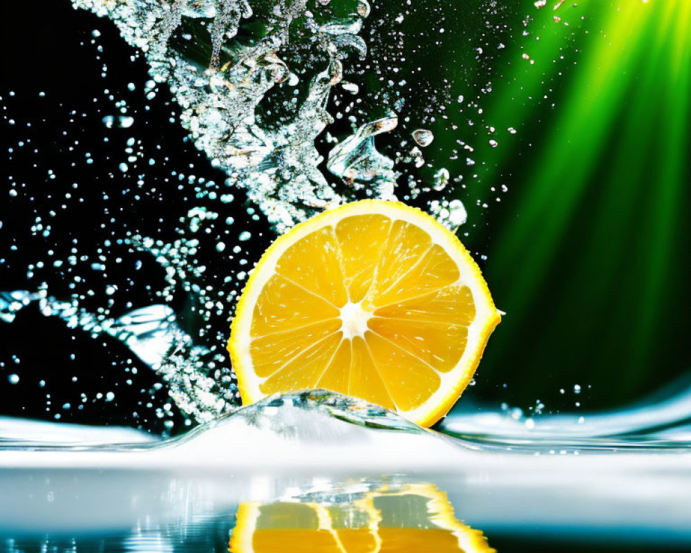 Bright Lemon Slice Splash with Water Droplets on Green Gradient Background