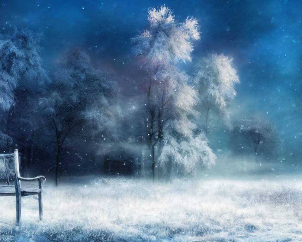 Snowy Night Landscape with Metal Bench and Illuminated Trees