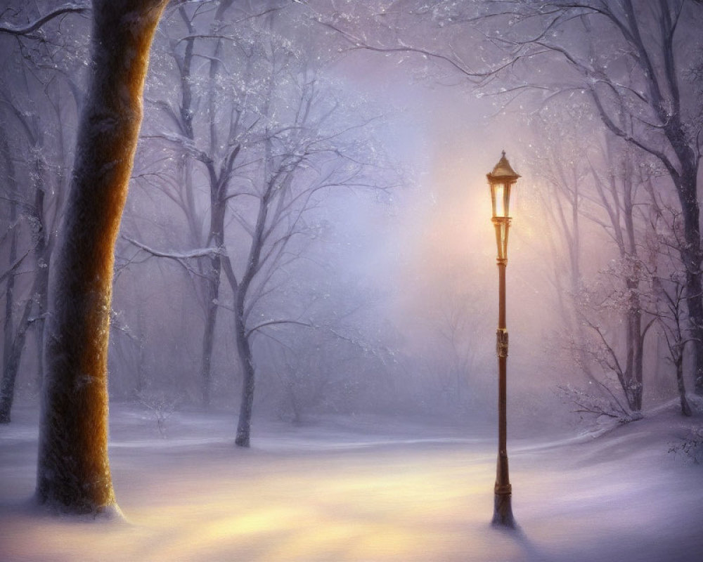 Snow-covered Winter Scene with Bare Trees and Glowing Street Lamp