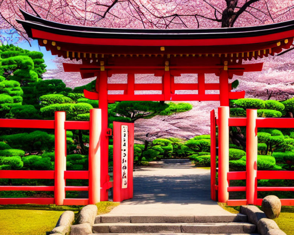 Tranquil Japanese garden with red torii gate, cherry blossoms, and green bushes