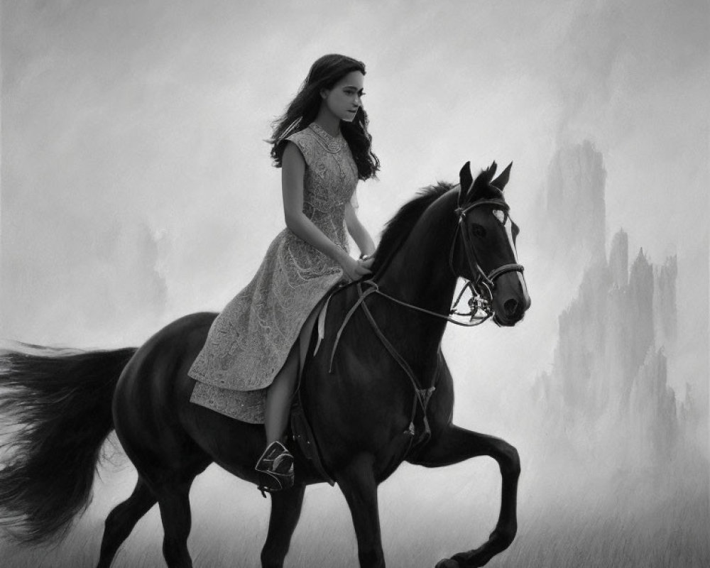Woman in lace dress riding black horse through misty field with shadowy spires.