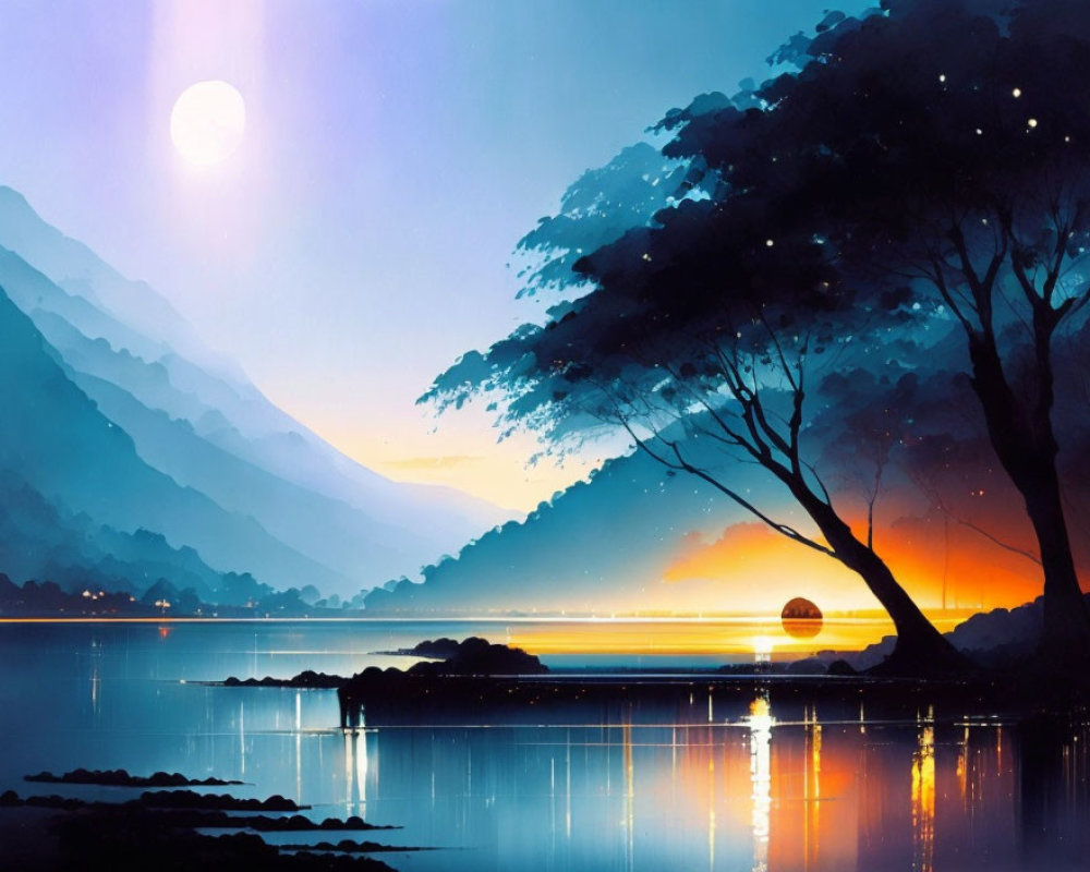 Tranquil Sunset Scene: Lake, Trees, Mountains, Moon