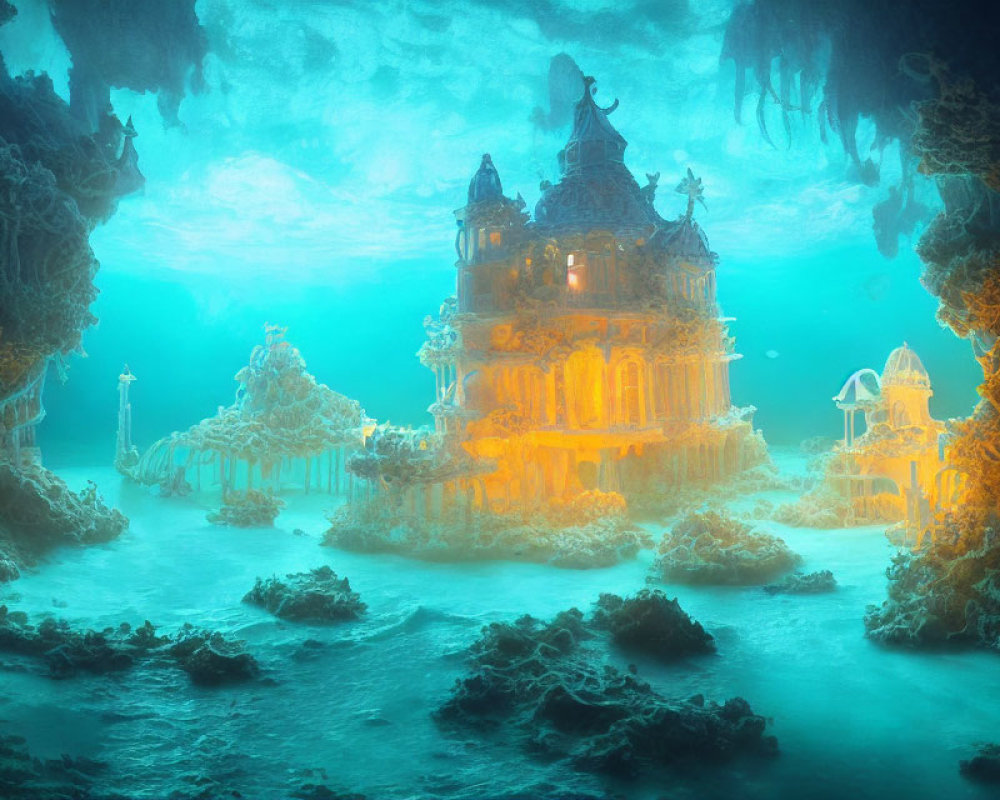Ethereal underwater scene with illuminated ancient ruins and marine flora
