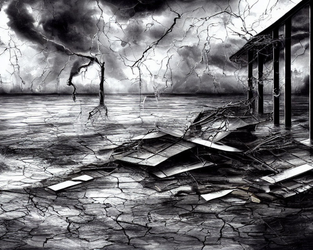 Monochrome scene of shattered wooden structure under stormy sky