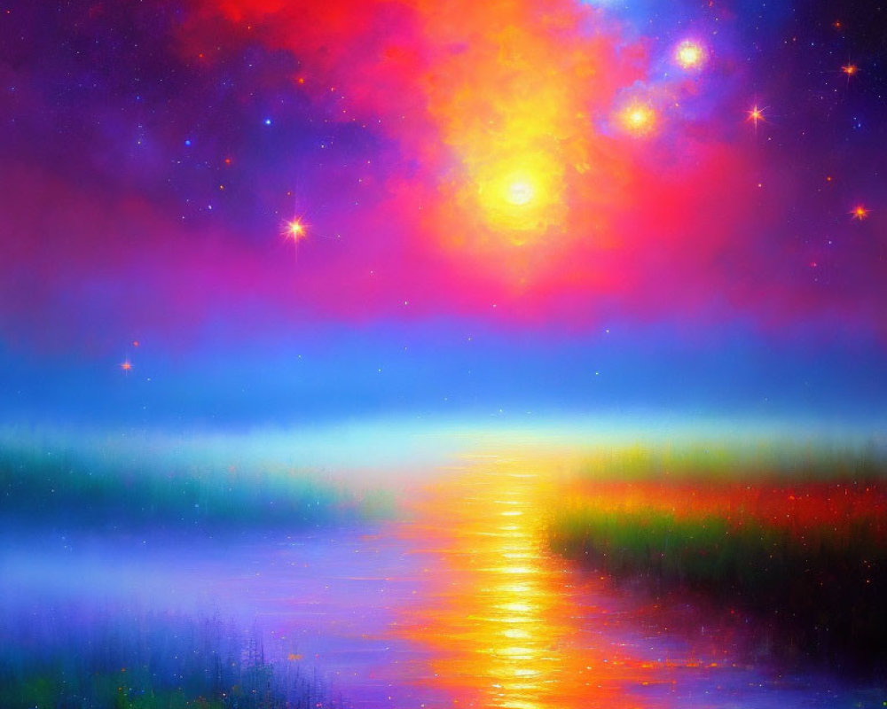 Colorful painting of starry sky, sun, and nebulae reflecting in water