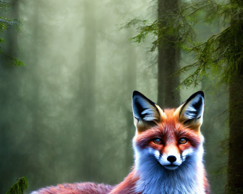 Red fox in misty forest with sunlight filtering through trees