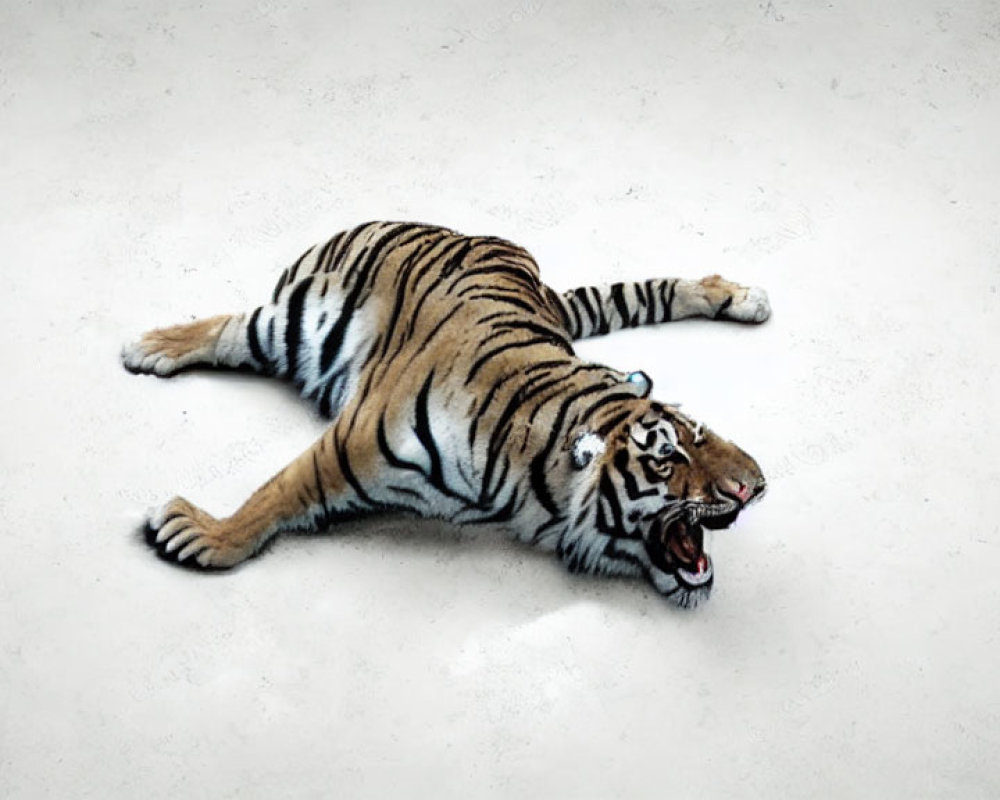 Tiger resting on textured white surface with open mouth