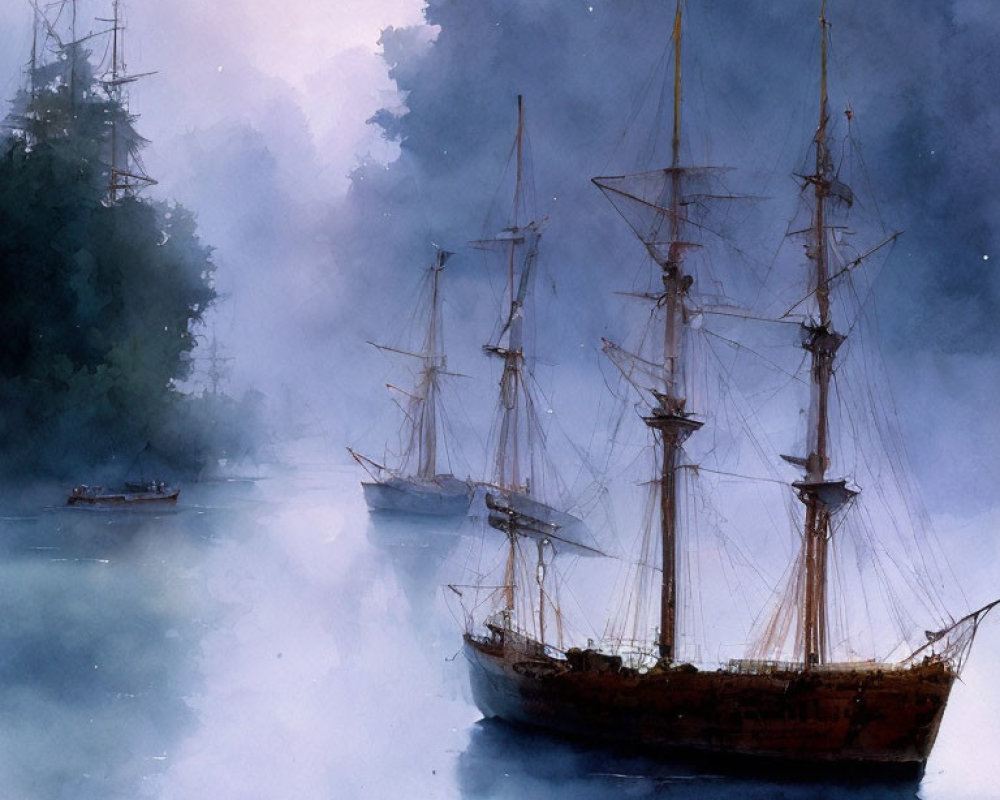 Tall-masted sailing ships in misty blue watercolor