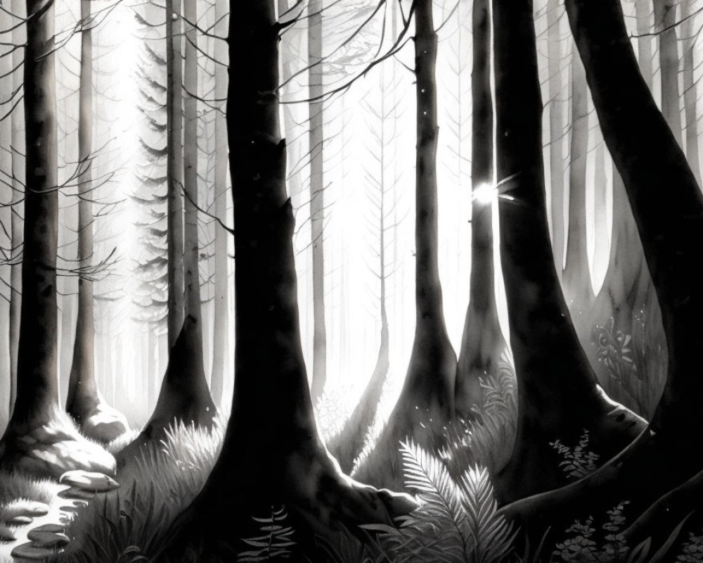 Serene forest landscape with sunbeams through trees and ferns