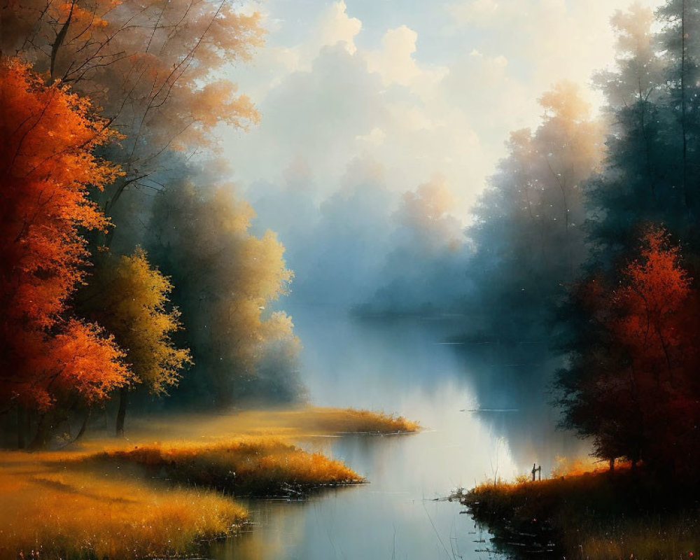 Tranquil autumn landscape with golden and red trees, water reflection, light fog, and distant figure