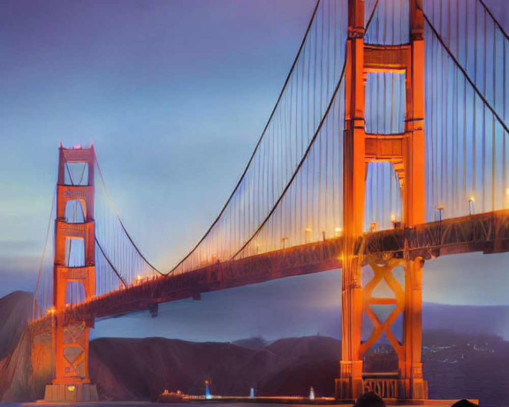 Iconic Golden Gate Bridge at dusk with soft purple skies and reflected lights