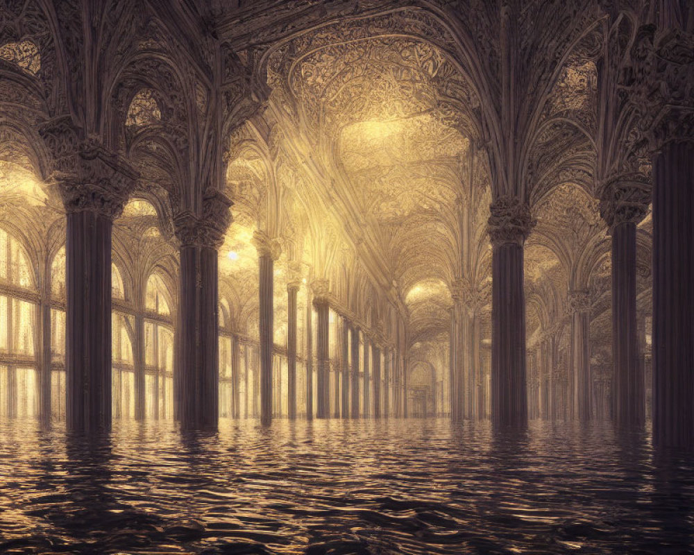 Ornate Gothic hall flooded with water and golden light