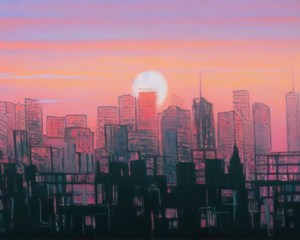 City Skyline Painting: Sunset Silhouette with Pink and Purple Sky