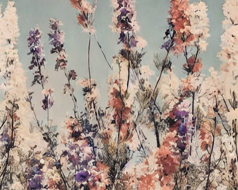 Vintage-style image of diverse flowers on pale blue sky