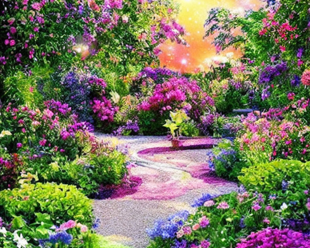 Colorful Flower Garden Path with Sparkling Light
