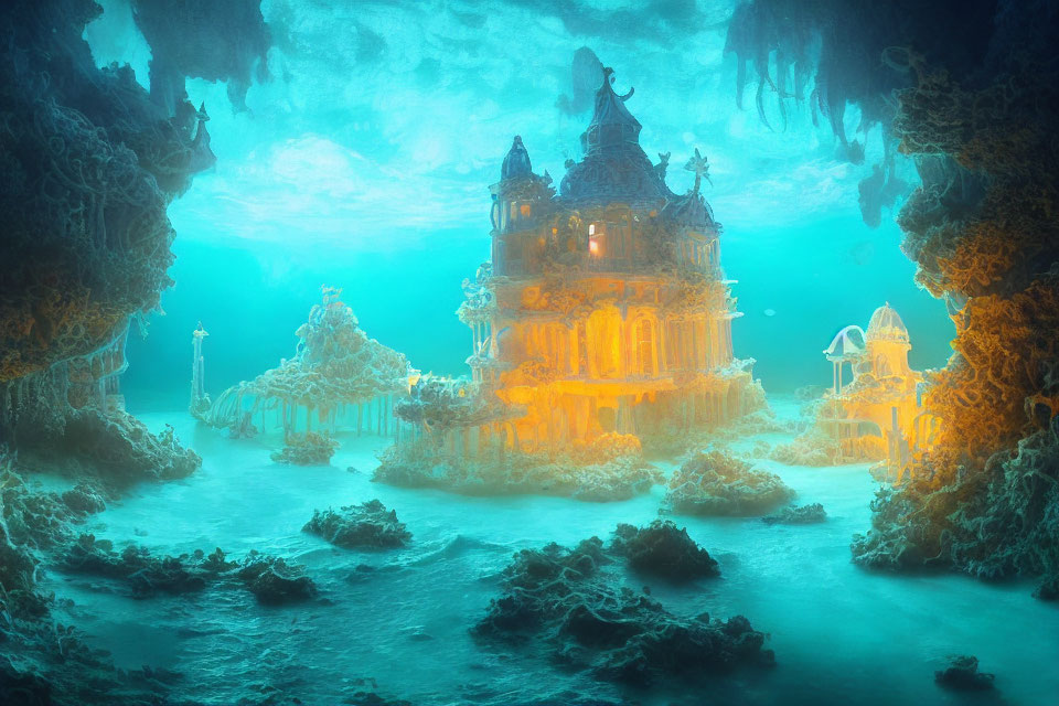 Ethereal underwater scene with illuminated ancient ruins and marine flora