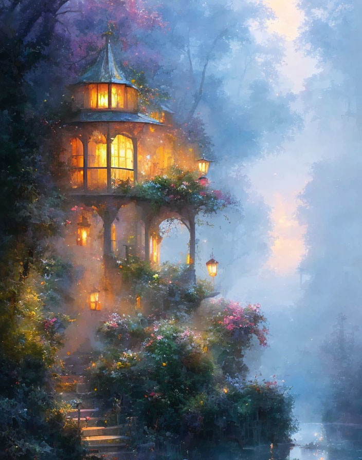 Enchanting illuminated treehouse in mystical fog